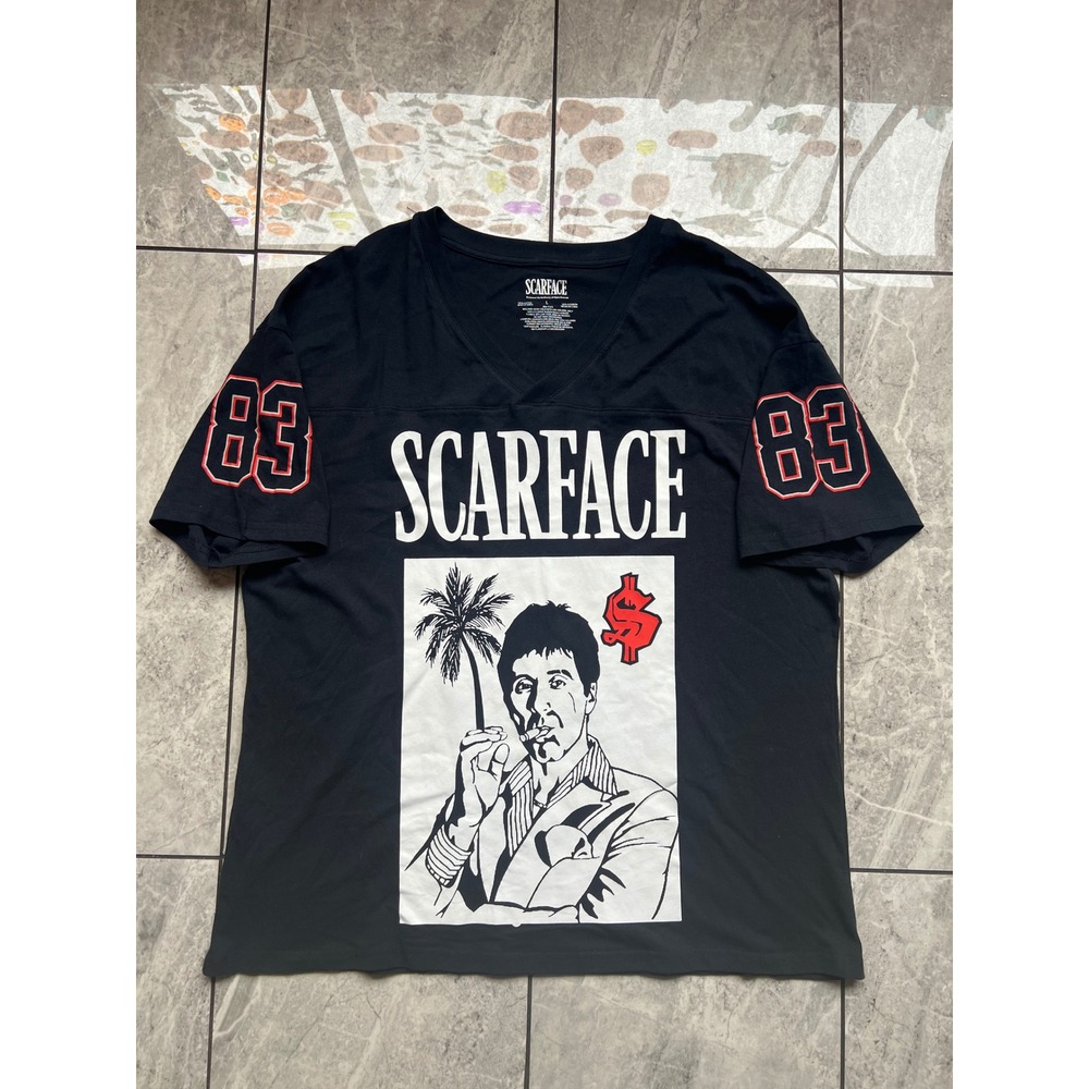 Scarface Tony Montana Miami 83 Graphic V-Neck Jersey T-Shirt Black Mens Large